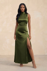 High Neck A - Line Bridesmaid Dress Wiht Slit in Olive - KissProm Bridesmaid Dresses