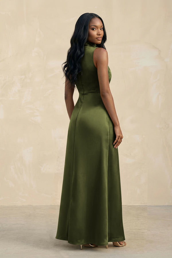 High Neck A - Line Bridesmaid Dress Wiht Slit in Olive - KissProm Bridesmaid Dresses