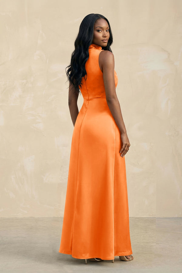 High Neck A - Line Bridesmaid Dress Wiht Slit in Orange - KissProm Bridesmaid Dresses