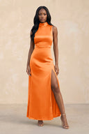High Neck A - Line Bridesmaid Dress Wiht Slit in Orange - KissProm Bridesmaid Dresses