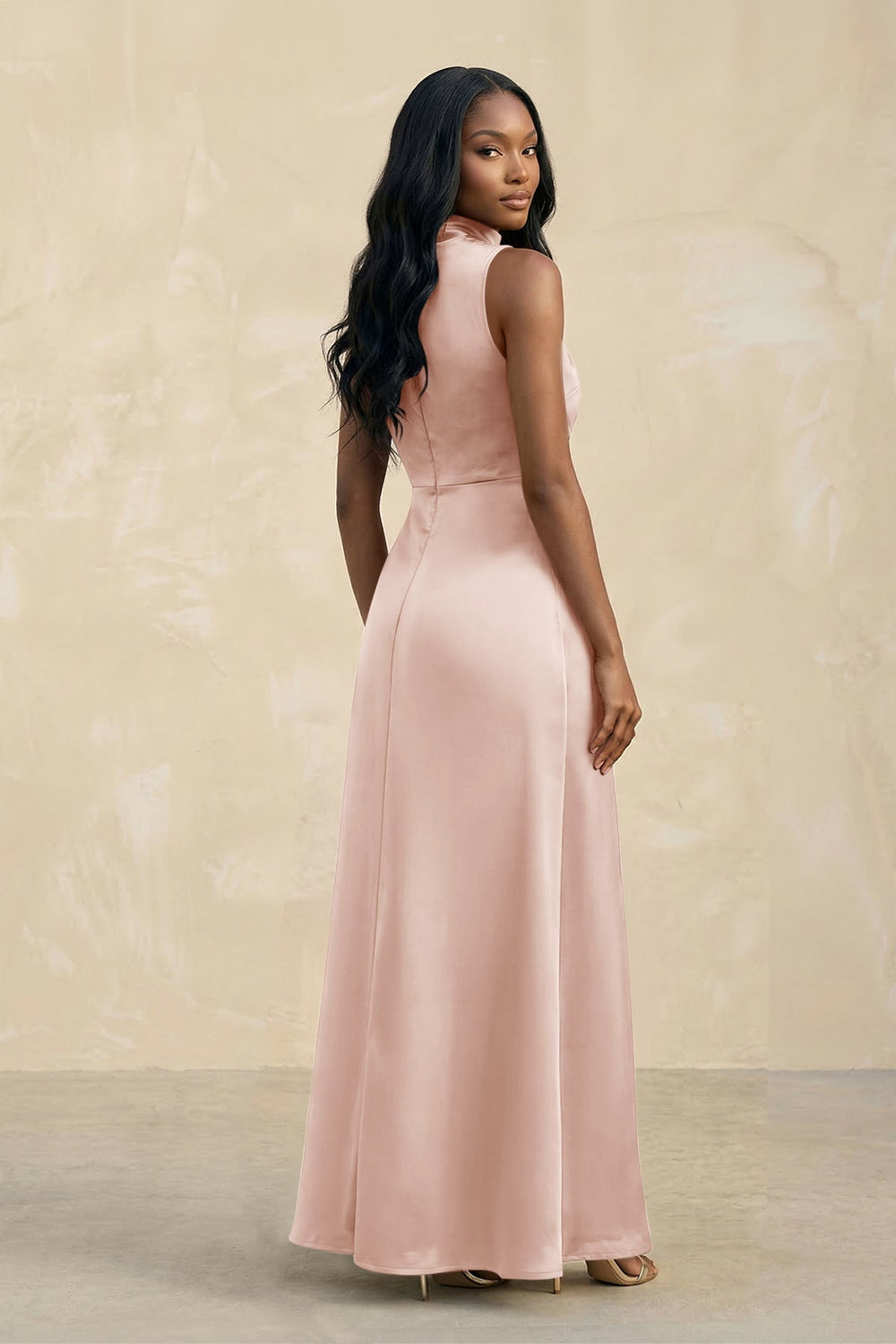High Neck A - Line Bridesmaid Dress Wiht Slit in Pale Blush - KissProm Bridesmaid Dresses