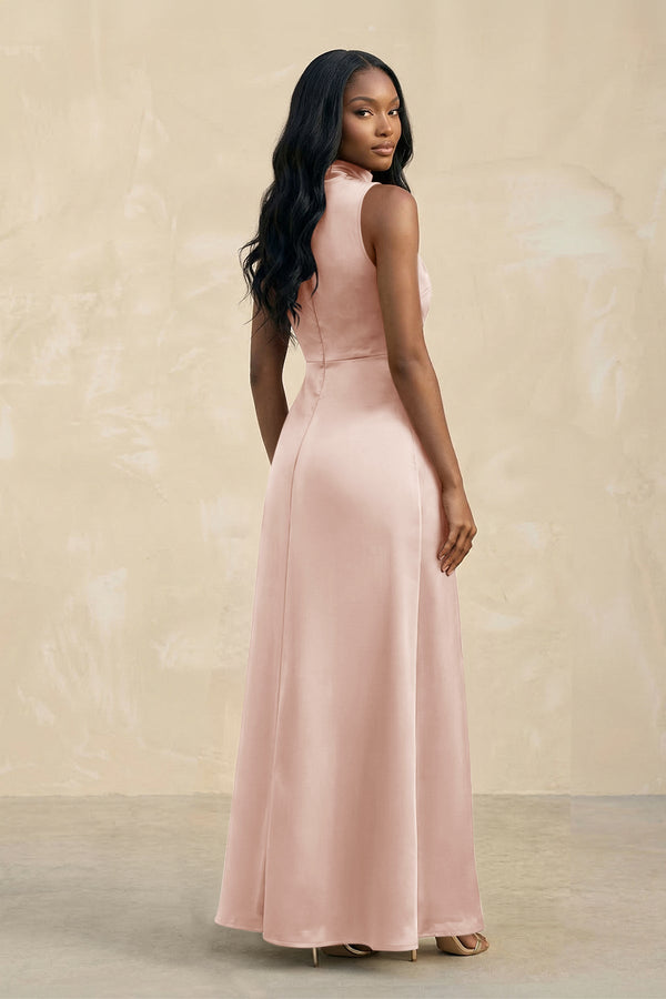 High Neck A - Line Bridesmaid Dress Wiht Slit in Pale Blush - KissProm Bridesmaid Dresses