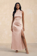High Neck A - Line Bridesmaid Dress Wiht Slit in Pale Blush - KissProm Bridesmaid Dresses