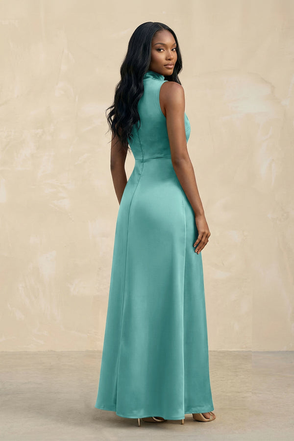 High Neck A - Line Bridesmaid Dress Wiht Slit in Pale Pistachio - KissProm Bridesmaid Dresses