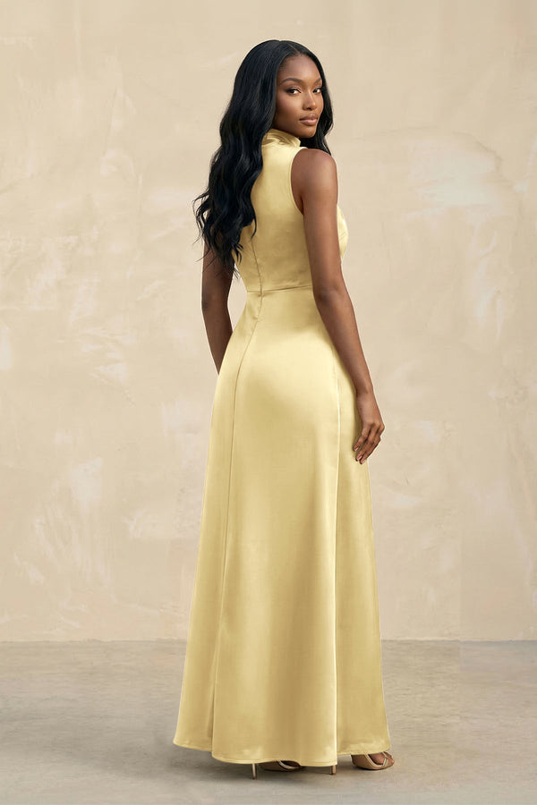 High Neck A - Line Bridesmaid Dress Wiht Slit in Pastel Yellow - KissProm Bridesmaid Dresses