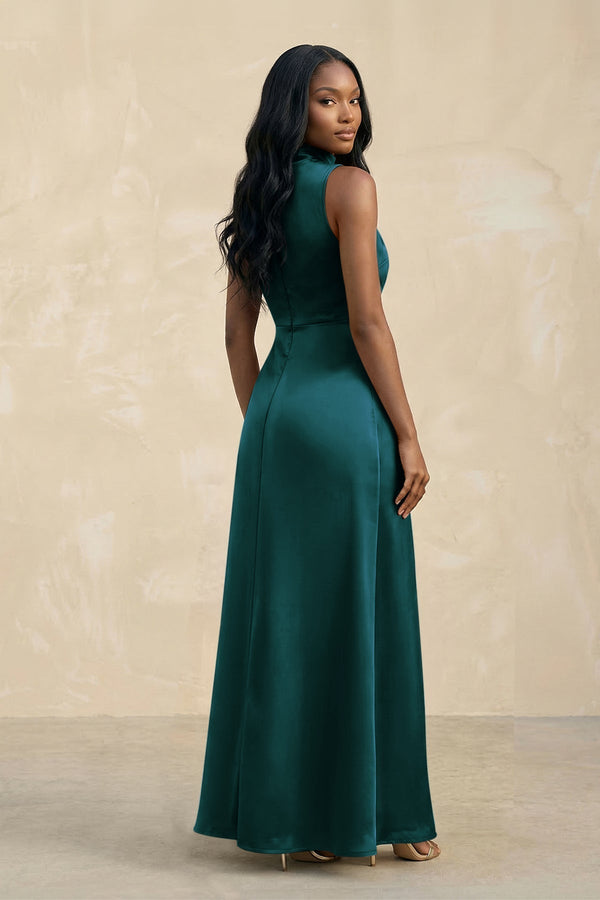 High Neck A - Line Bridesmaid Dress Wiht Slit in Pine - KissProm Bridesmaid Dresses