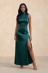 High Neck A - Line Bridesmaid Dress Wiht Slit in Pine - KissProm Bridesmaid Dresses