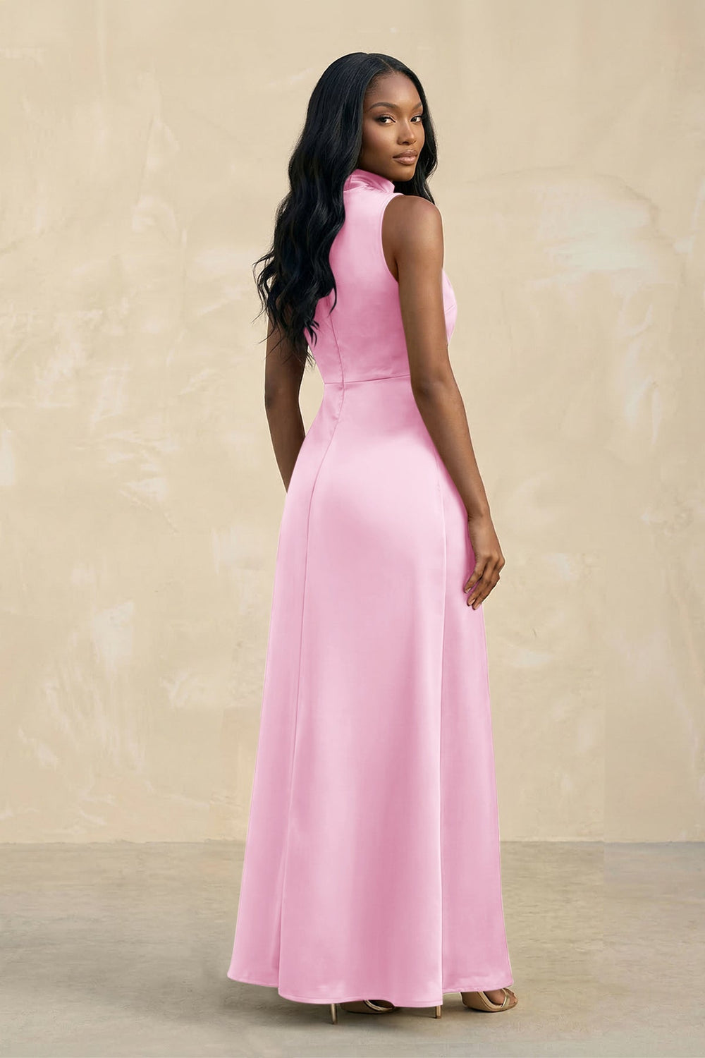 High Neck A - Line Bridesmaid Dress Wiht Slit in Pink - KissProm Bridesmaid Dresses
