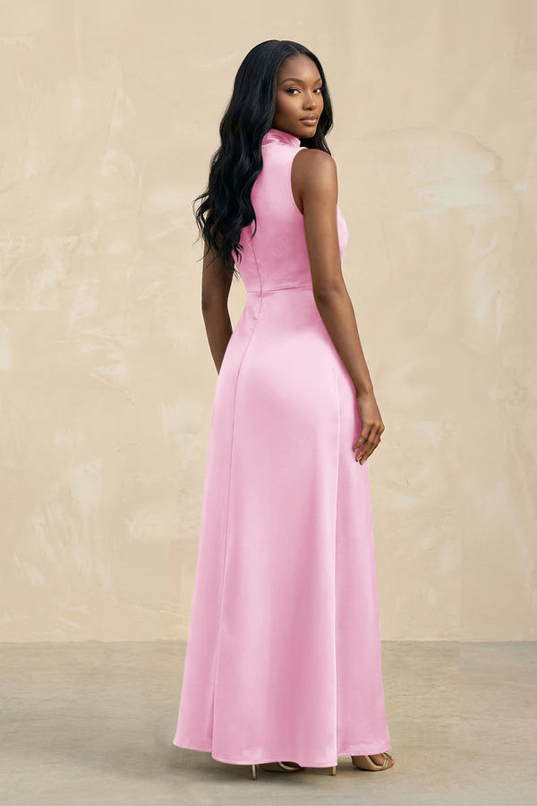 High Neck A - Line Bridesmaid Dress Wiht Slit in Pink - KissProm Bridesmaid Dresses