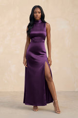 High Neck A - Line Bridesmaid Dress Wiht Slit in Plum - KissProm Bridesmaid Dresses