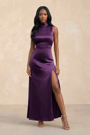 High Neck A - Line Bridesmaid Dress Wiht Slit in Plum - KissProm Bridesmaid Dresses