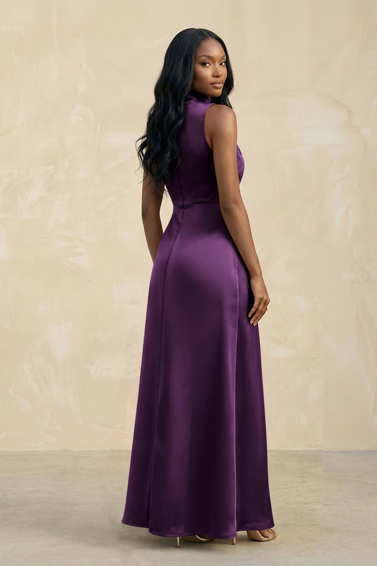 KissProm High Neck A-Line Bridesmaid Dress With Slit in Plum, Plum / 0