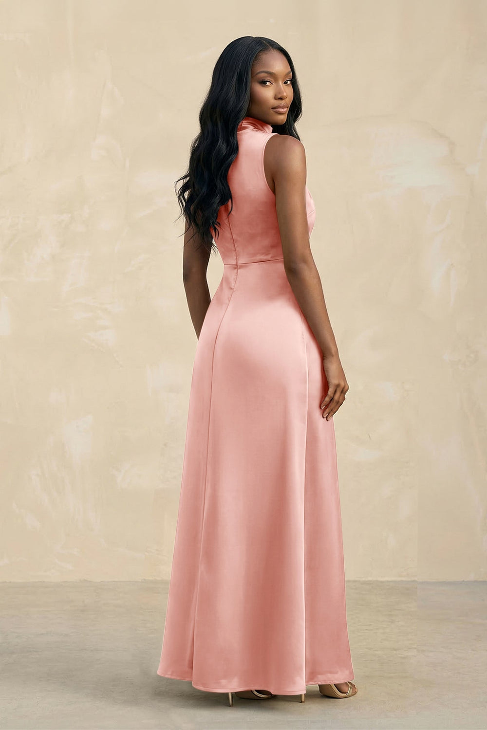 High Neck A - Line Bridesmaid Dress Wiht Slit in Rose Petal - KissProm Bridesmaid Dresses