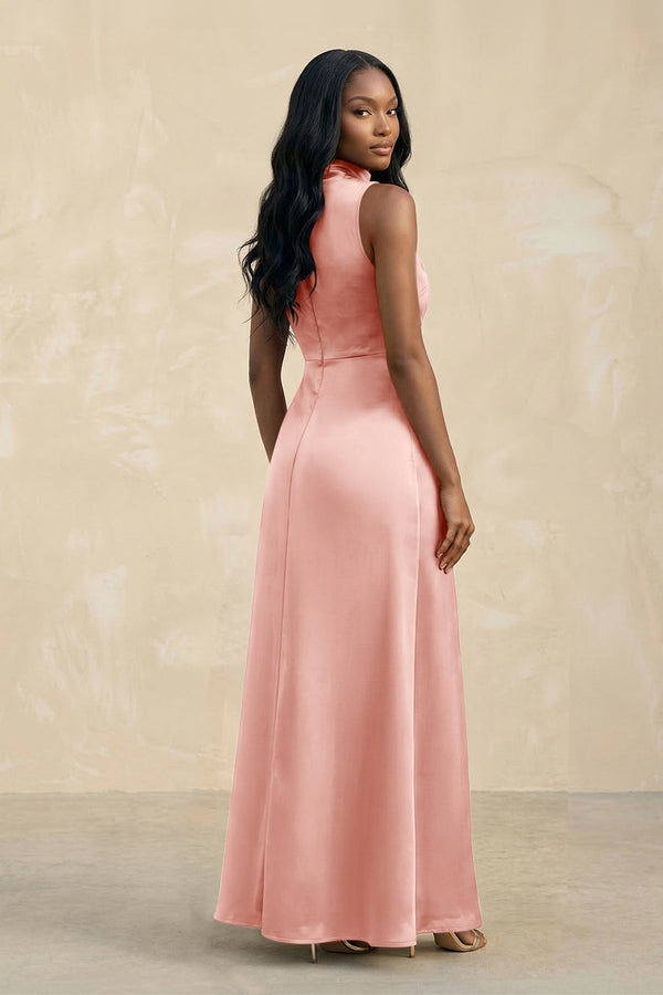 High Neck A - Line Bridesmaid Dress Wiht Slit in Rose Petal - KissProm Bridesmaid Dresses