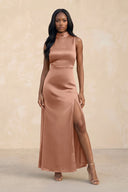 High Neck A - Line Bridesmaid Dress Wiht Slit in Rosette - KissProm Bridesmaid Dresses