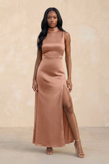 High Neck A - Line Bridesmaid Dress Wiht Slit in Rosette - KissProm Bridesmaid Dresses
