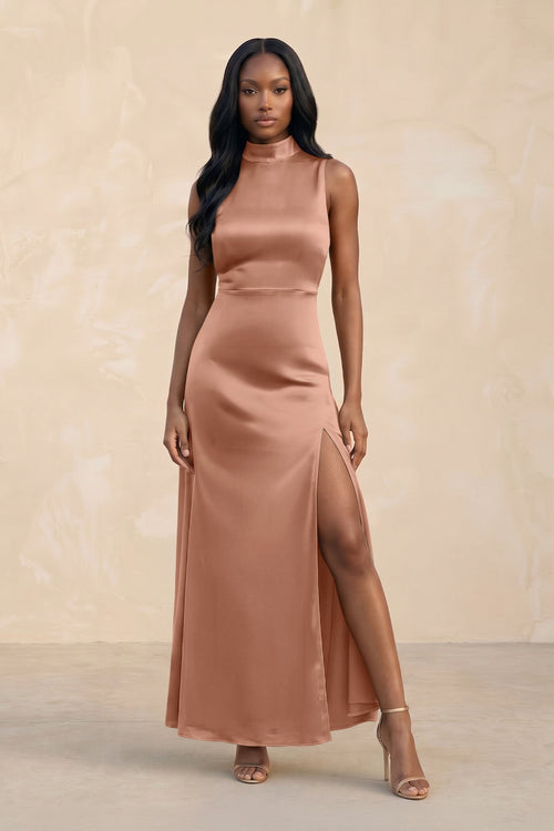 High Neck A - Line Bridesmaid Dress Wiht Slit in Rosette - KissProm Bridesmaid Dresses