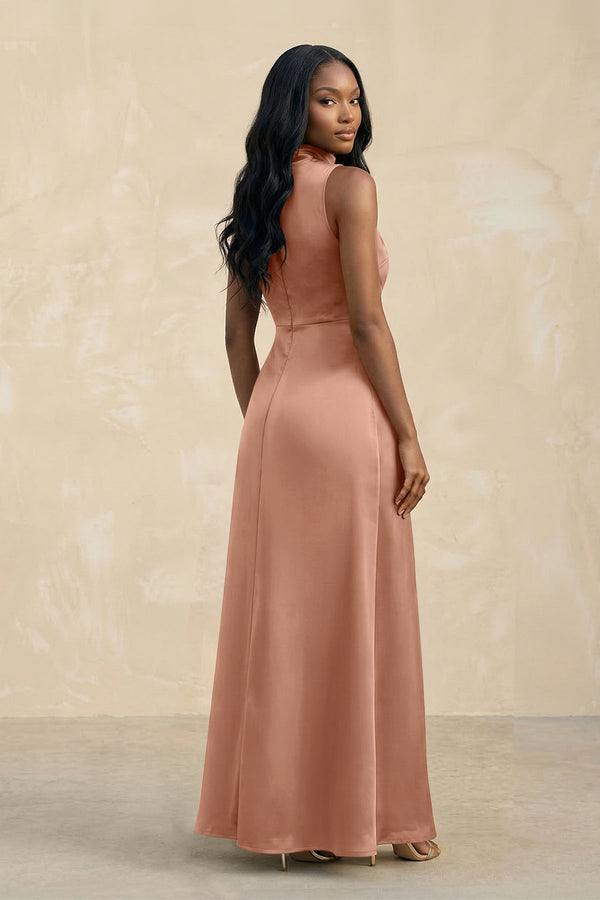 High Neck A - Line Bridesmaid Dress Wiht Slit in Rosette - KissProm Bridesmaid Dresses