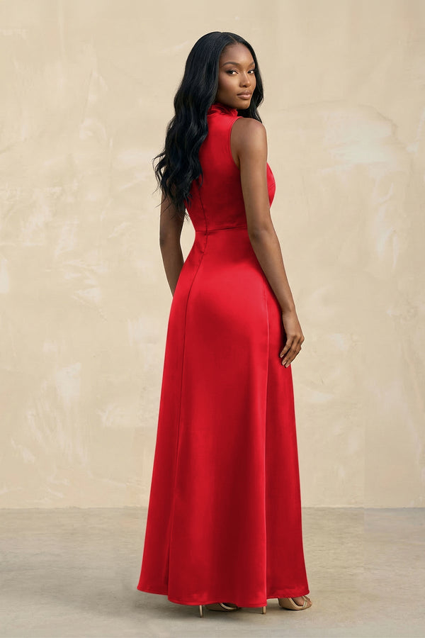 High Neck A - Line Bridesmaid Dress Wiht Slit in Ruby Red - KissProm Bridesmaid Dresses