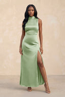 High Neck A - Line Bridesmaid Dress Wiht Slit in Sage - KissProm Bridesmaid Dresses