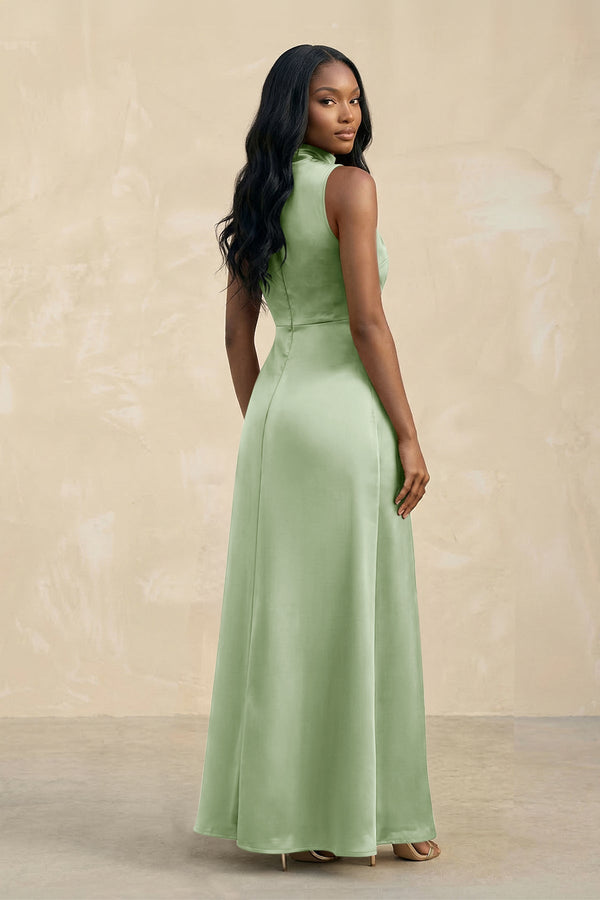 High Neck A - Line Bridesmaid Dress Wiht Slit in Sage - KissProm Bridesmaid Dresses