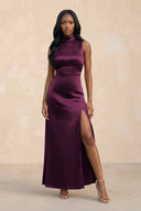 High Neck A - Line Bridesmaid Dress Wiht Slit in Sangria - KissProm Bridesmaid Dresses