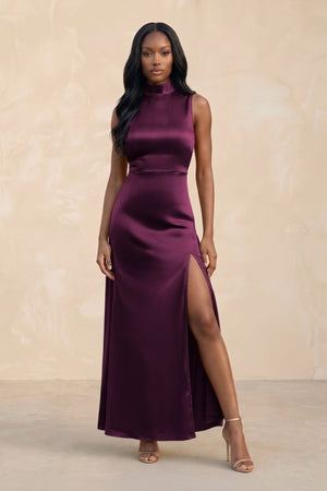 High Neck A - Line Bridesmaid Dress Wiht Slit in Sangria - KissProm Bridesmaid Dresses