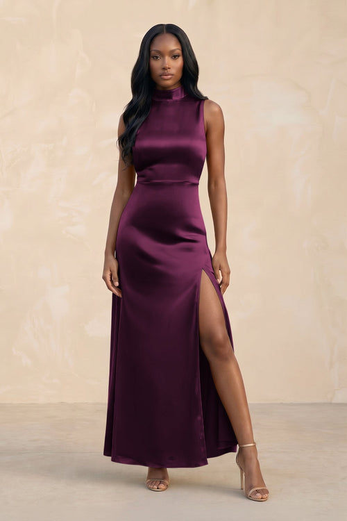 High Neck A - Line Bridesmaid Dress Wiht Slit in Sangria - KissProm Bridesmaid Dresses