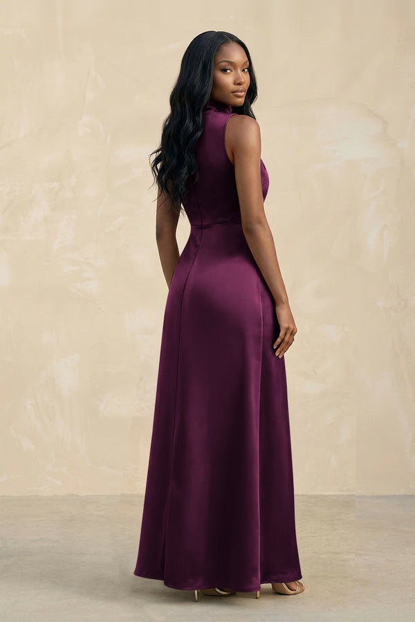 High Neck A - Line Bridesmaid Dress Wiht Slit in Sangria - KissProm Bridesmaid Dresses