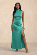 High Neck A - Line Bridesmaid Dress Wiht Slit in Sea Glass - KissProm Bridesmaid Dresses
