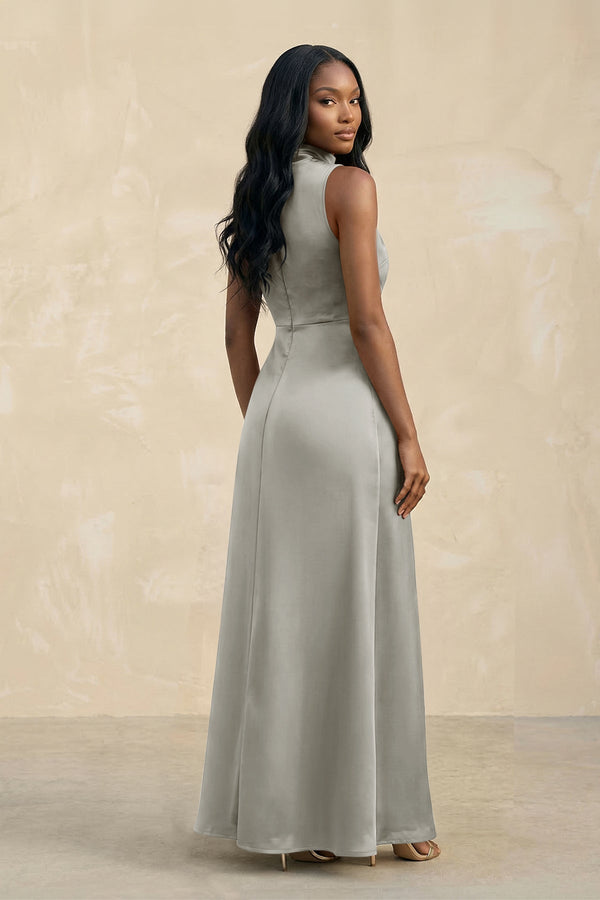High Neck A - Line Bridesmaid Dress Wiht Slit in Silver - KissProm Bridesmaid Dresses