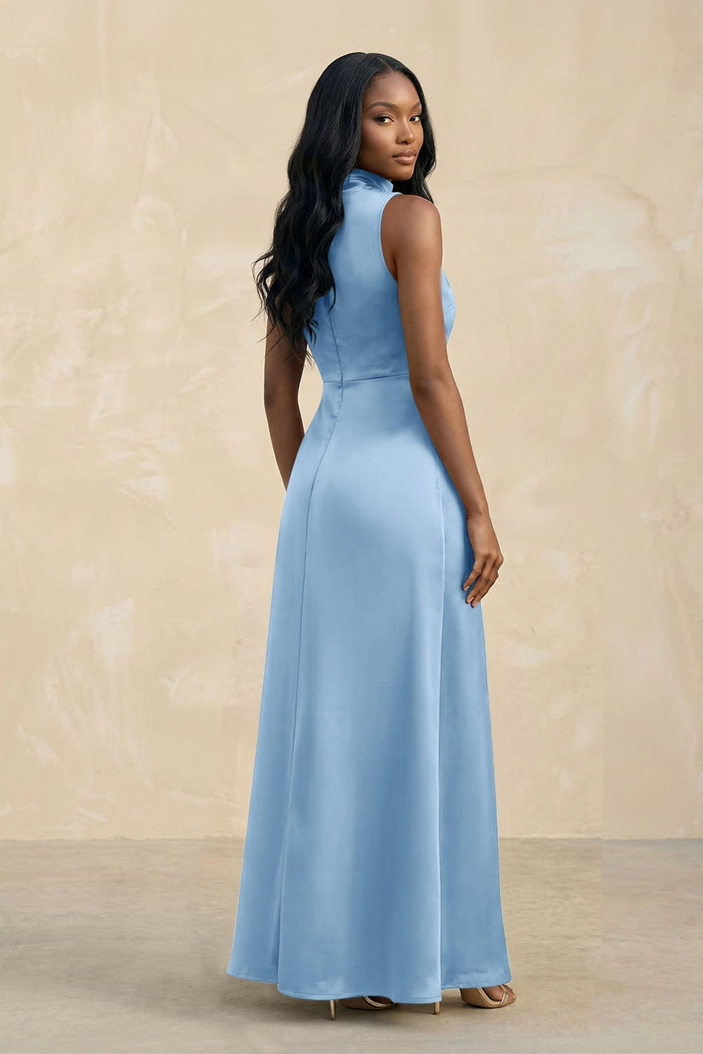 High Neck A - Line Bridesmaid Dress Wiht Slit in Sky Blue - KissProm Bridesmaid Dresses