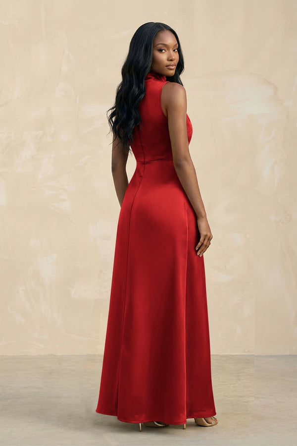 High Neck A - Line Bridesmaid Dress Wiht Slit in Spice - KissProm Bridesmaid Dresses