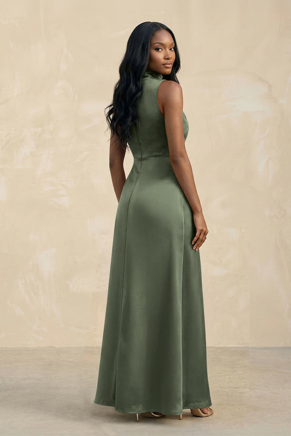 High Neck A - Line Bridesmaid Dress Wiht Slit in Thyme - KissProm Bridesmaid Dresses