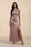 High Neck A - Line Bridesmaid Dress Wiht Slit in Toffee - KissProm Bridesmaid Dresses