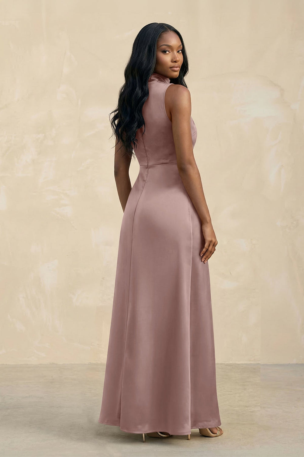 High Neck A - Line Bridesmaid Dress Wiht Slit in Toffee - KissProm Bridesmaid Dresses