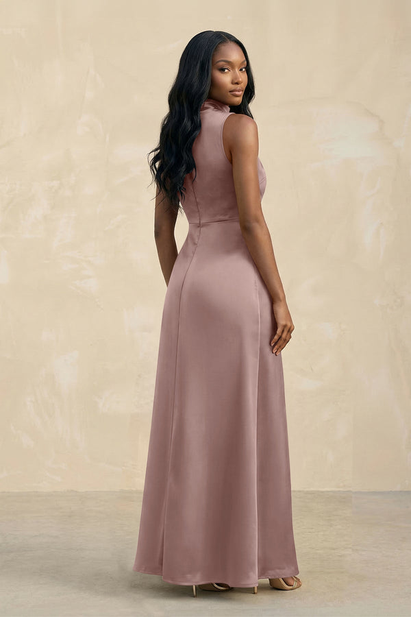 High Neck A - Line Bridesmaid Dress Wiht Slit in Toffee - KissProm Bridesmaid Dresses
