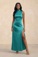 High Neck A - Line Bridesmaid Dress Wiht Slit in Turquoise - KissProm Bridesmaid Dresses