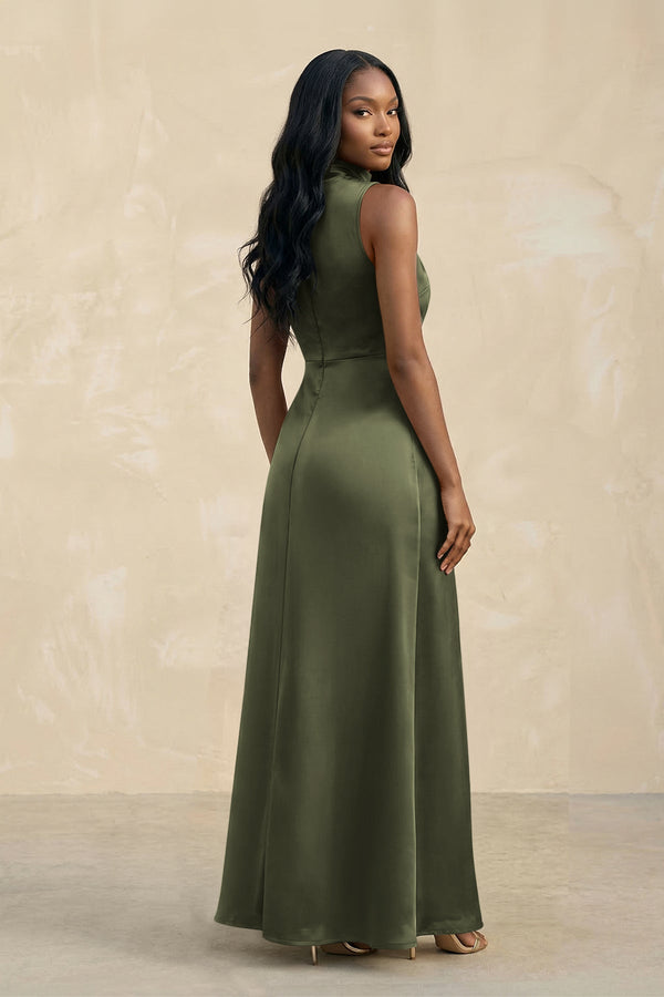 High Neck A - Line Bridesmaid Dress Wiht Slit in Willow Green - KissProm Bridesmaid Dresses