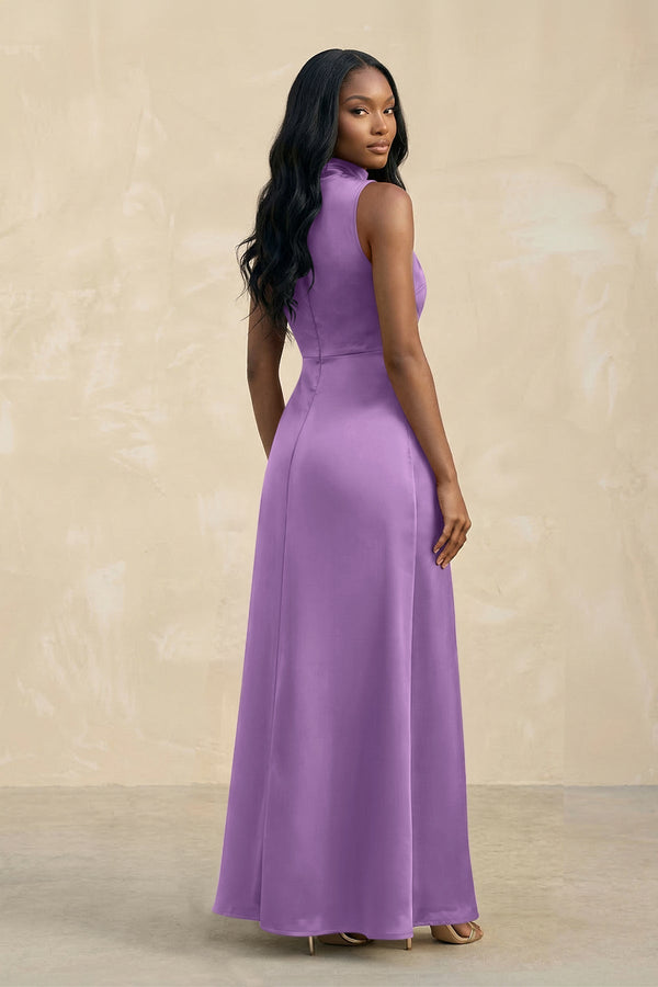 High Neck A - Line Bridesmaid Dress Wiht Slit in Wisteria - KissProm Bridesmaid Dresses