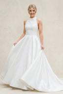 White Halter A-line Satin Wedding Dress with Buttons – Wedding Dresses by KissProm | Available at KissProm