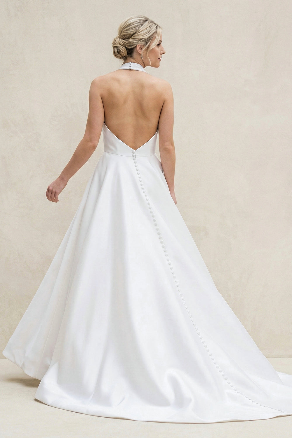 White Halter A-line Satin Wedding Dress with Buttons – Wedding Dresses by KissProm | Available at KissProm