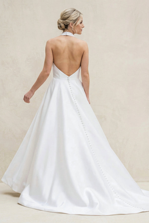 White Halter A-line Satin Wedding Dress with Buttons – Wedding Dresses by KissProm | Available at KissProm