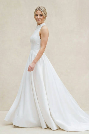White Halter A-line Satin Wedding Dress with Buttons – Wedding Dresses by KissProm | Available at KissProm