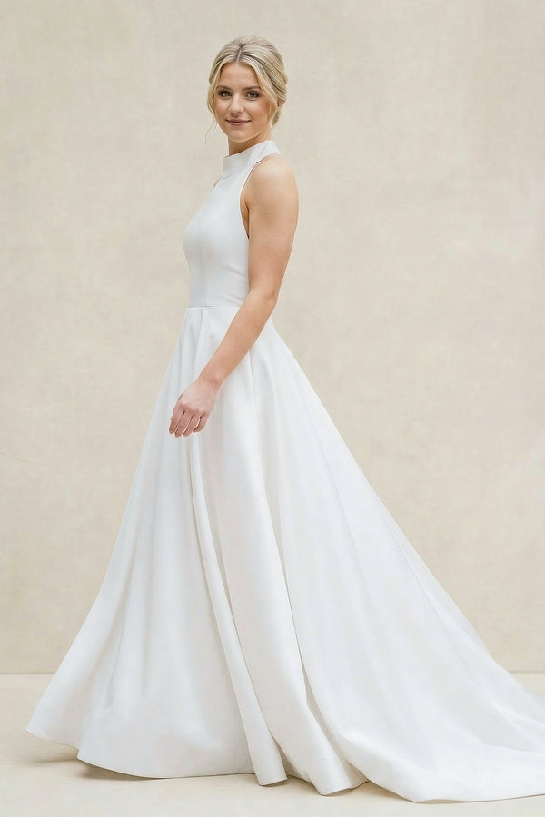 White Halter A-line Satin Wedding Dress with Buttons – Wedding Dresses by KissProm | Available at KissProm