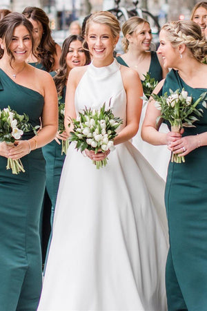 White Halter A-line Satin Wedding Dress with Buttons – Wedding Dresses by KissProm | Available at KissProm