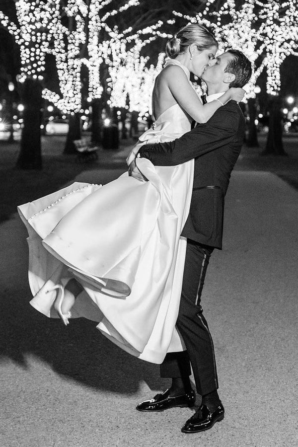 White Halter A-line Satin Wedding Dress with Buttons – Wedding Dresses by KissProm | Available at KissProm