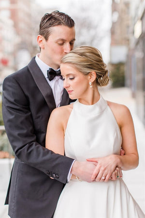 White Halter A-line Satin Wedding Dress with Buttons – Wedding Dresses by KissProm | Available at KissProm