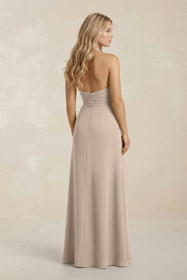 High Neck Chiffon Sheath Ruched Bridesmaid Dress in Almond - KissProm Bridesmaid Dresses