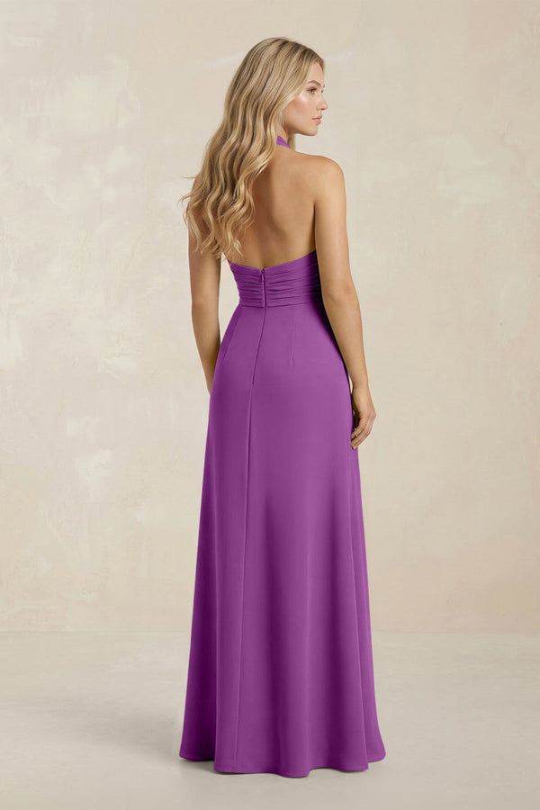 High Neck Chiffon Sheath Ruched Bridesmaid Dress in Amethyst - KissProm Bridesmaid Dresses